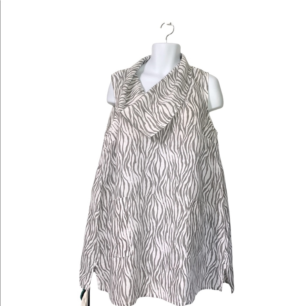 Matchpoint USA 100% linen gray/white/pockets zebra print stripe tunic XL